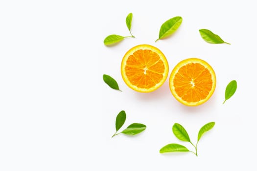 Fresh orange citrus fruit with leaves isolated on white background. Copy space
