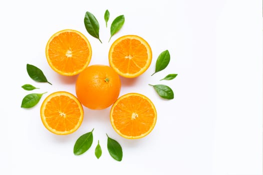 Fresh orange citrus fruit with leaves isolated on white background. Juicy and sweet