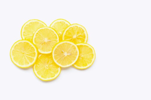 Fresh lemon slices on white background. Copy space