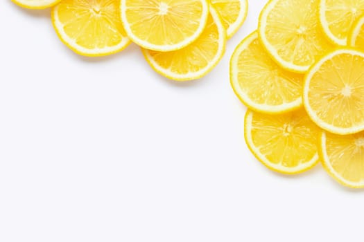 Frame made of fresh lemon with slices on white background. Copy space