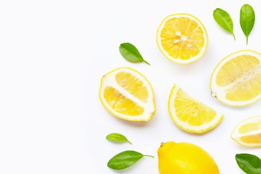 Fresh lemon with slices isolated on white background.  Copy space