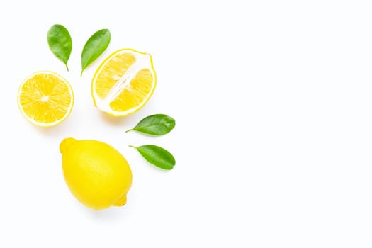 Lemon  and slices with leaves isolated on white background. Copy space