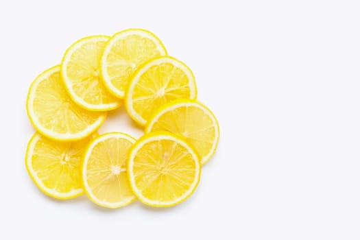 Fresh lemon slices on white background. Copy space