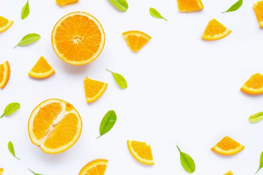High vitamin C, Juicy and sweet. Fresh orange fruit with green leaves  on white background