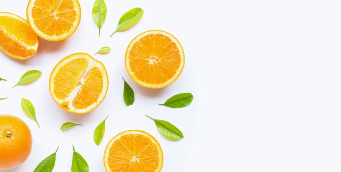 High vitamin C, Juicy and sweet. Fresh orange fruit with green leaves  on white background