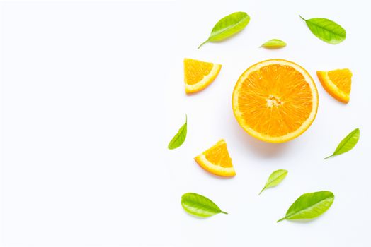 High vitamin C, Juicy and sweet. Fresh orange fruit with green leaves  on white background