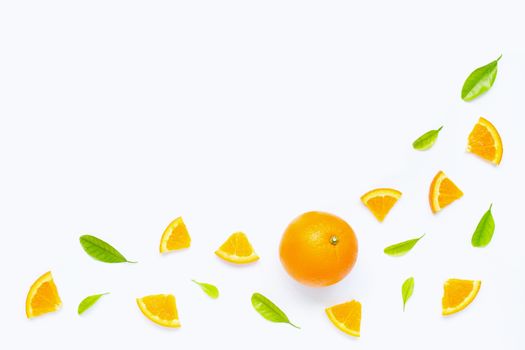 High vitamin C, Juicy and sweet. Fresh orange fruit with green leaves  on white background
