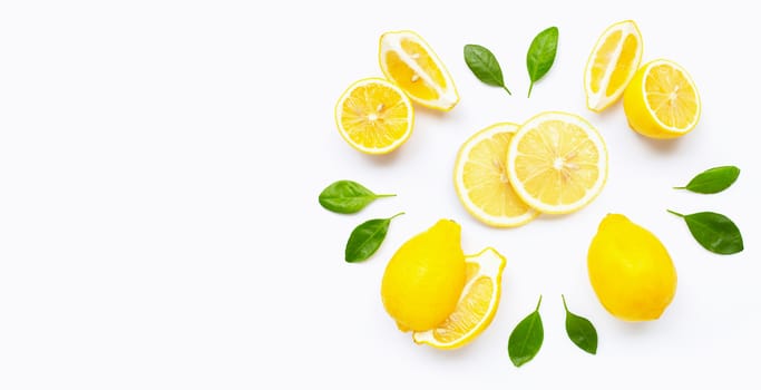 Fresh lemon and  slices  with leaves isolated on white background.
