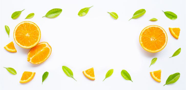 High vitamin C, Juicy and sweet. Fresh orange fruit with green leaves  on white background