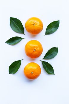 Orange fruits and leaves isolated on white background.