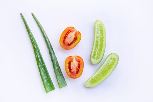 Cucumber, Tomato, Aloe vera,Natural ingredients for homemade skin care on white.