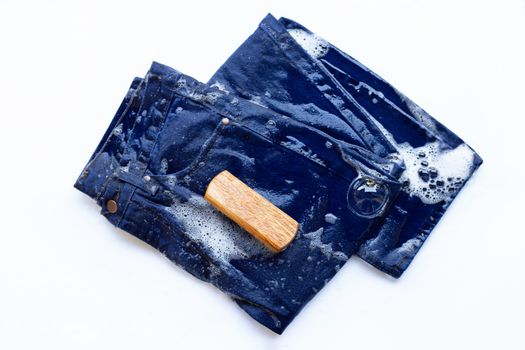 Wet Jeans, Soak and Wash, with Cloth Washing Brush.