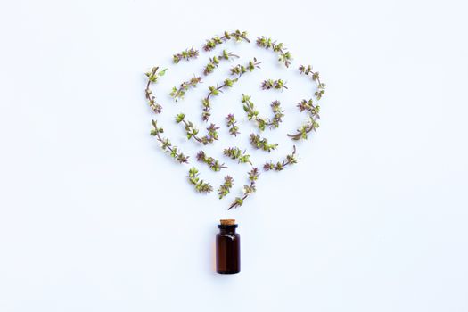 Flower of sweet basil and leave with drop bottle of essential oil herb on white background