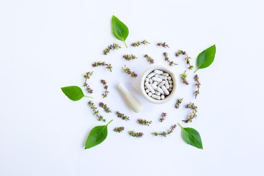 Herbal Medicine Capsules Pills with flower of Sweet Basil