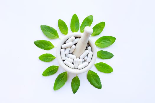 Holy basil leaves with herbal holy basil capsules .