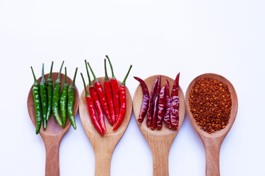 Hot chili pepper on wooden spoon on white background.