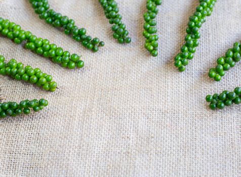 fresh green peppercorns  on sackcloth background