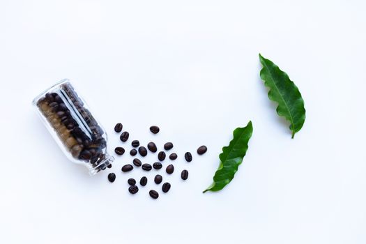 Coffee grains and leaves on white background