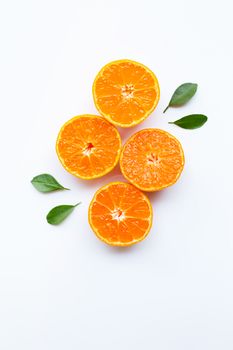 Orange fruits and green leaves on a white background. Top view