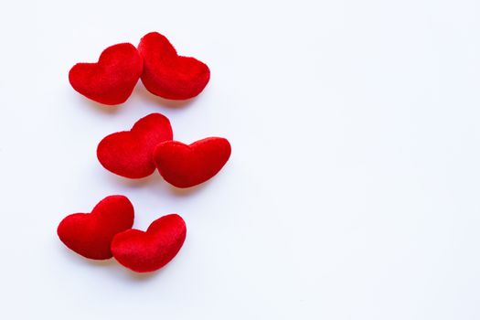 Red hearts on white background. Copy space, Concept background for Valentines Day 