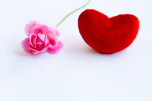 Red heart with pink rose on over white background. Copy space, Concept background for Valentines Day 