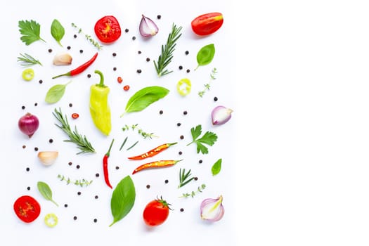 Various fresh vegetables and herbs on white. Healthy eating concept, Copy space