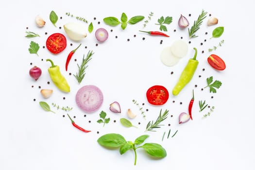 Various fresh vegetables and herbs on white background. Healthy eating concept