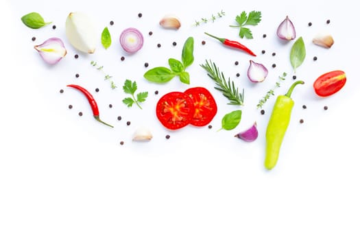 Various fresh vegetables and herbs on white background. Healthy eating concept