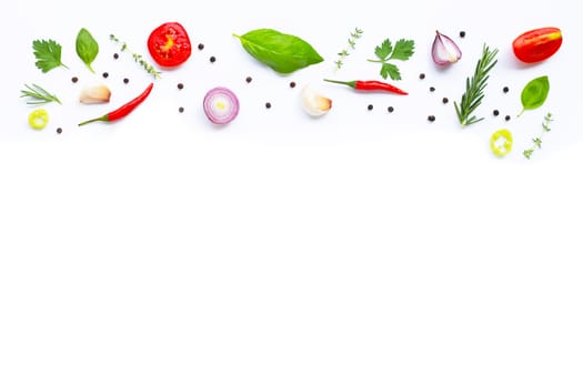 Various fresh vegetables and herbs on white. Healthy eating concept, Copy space