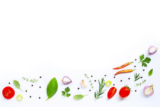 Various fresh vegetables and herbs on white. Healthy eating concept, Copy space
