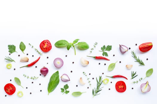 Various fresh vegetables and herbs on white background. Healthy eating concept