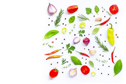 Various fresh vegetables and herbs on white. Healthy eating concept, Copy space