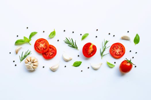 Various fresh vegetables and herbs on white background. Healthy eating concept