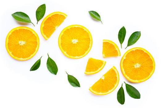 High vitamin C. Fresh orange citrus fruit with leaves isolated on white background.