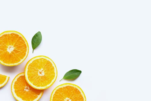 Fresh orange citrus fruits with leaves on white background. Copy space