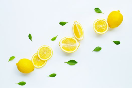 lemon and slices with leaves isolated on white background.