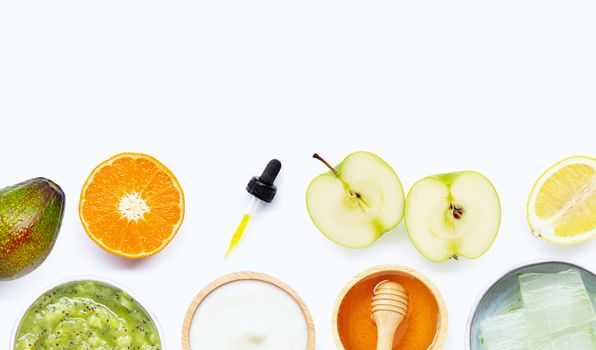 Natural ingredients for homemade skin care on white background. 