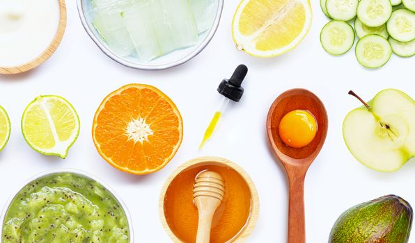 Natural ingredients for homemade skin care on white background. 