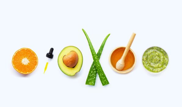 Natural  ingredients for homemade skin care and scrub on white background.
