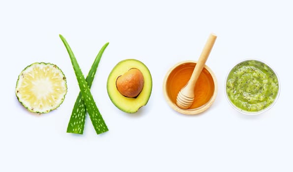Natural  ingredients for homemade skin care and scrub on white background.