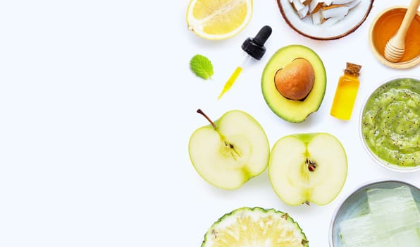 Natural  ingredients for homemade skin care and scrub on white background.