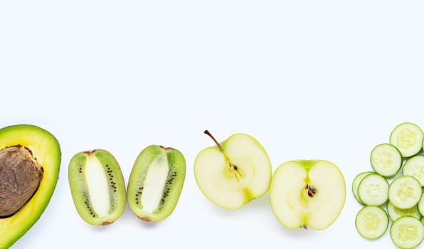 Avocado, green apple, kiwi, cucumber. Natural ingredients for homemade skin care on white background. Copy space