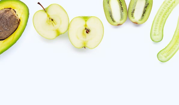 Avocado, green apple, kiwi, cucumber. Natural ingredients for homemade skin care on white background. Copy space