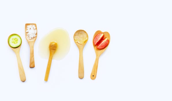 Natural ingredients for homemade skin care on white background. Copy space