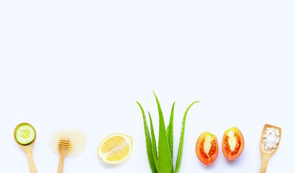 Natural ingredients for homemade skin care on white
