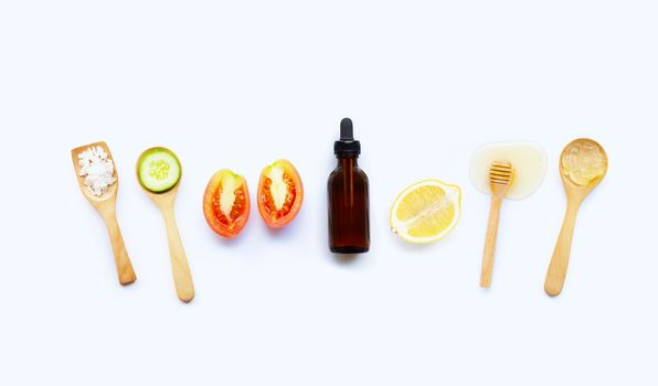Natural ingredients for homemade skin care on white