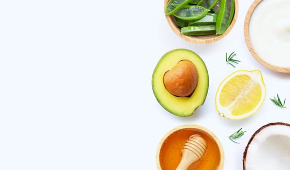 Natural ingredients for homemade skin care on white background. 