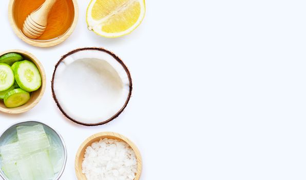 Natural ingredients for homemade skin care on white background. 