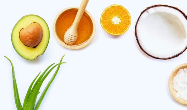 Natural ingredients for homemade skin care on white background. 