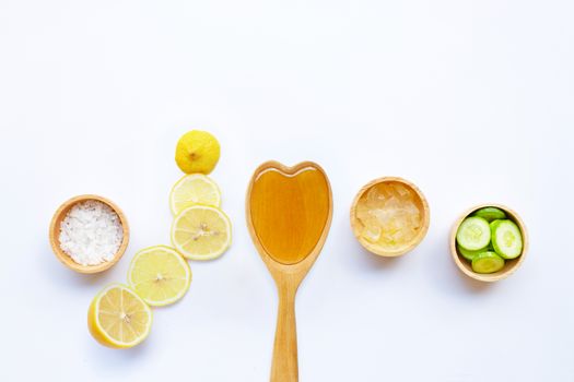 Aloe vera, lemon, cucumber, salt, honey. Natural ingredients for homemade skin care on white
